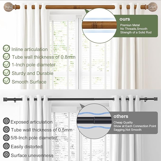 Wood Boho Curtain Rods for Windows:Wooden Farmhouse Decorative Curtain Rod for Bedroom Living Room,Heavy Duty Adjustable Rustic Bamboo Drapery Rods with Imitation Wood Grain Finials,Brown 36-72"