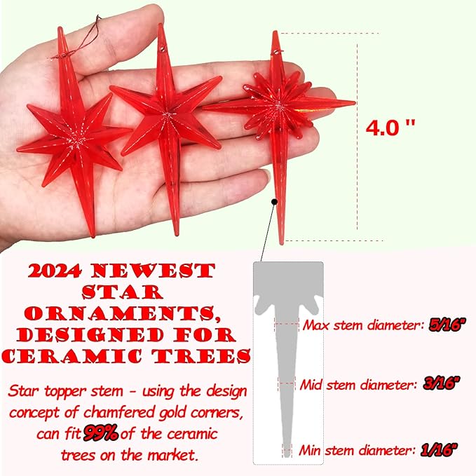 21Pack Star Topper Ornaments for Replacement Ceramic Christmas Tree - Red Plastic Modern Stars Hanging Decor Accessories