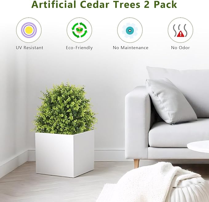 24" Faux Boxwood Plants Outdoor, Artificial Topiary Ball Trees Set of 2, UV Resistant Fake Potted Evergreen Realistic Greenery Bushes Shrubs for Outside Front Porch Planter Patio Indoor Decor 2ft Tall