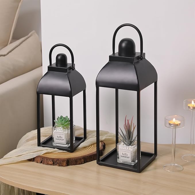 Lanterns Decorative Outdoor Indoor, Black Metal Outdoor Lanterns, 17'' 13'' Set of 2 Modern Farmhouse Candle Lantern Decor Rustic Lanterns Centerpieces for Patio, Front Porch, Mantel, Wedding