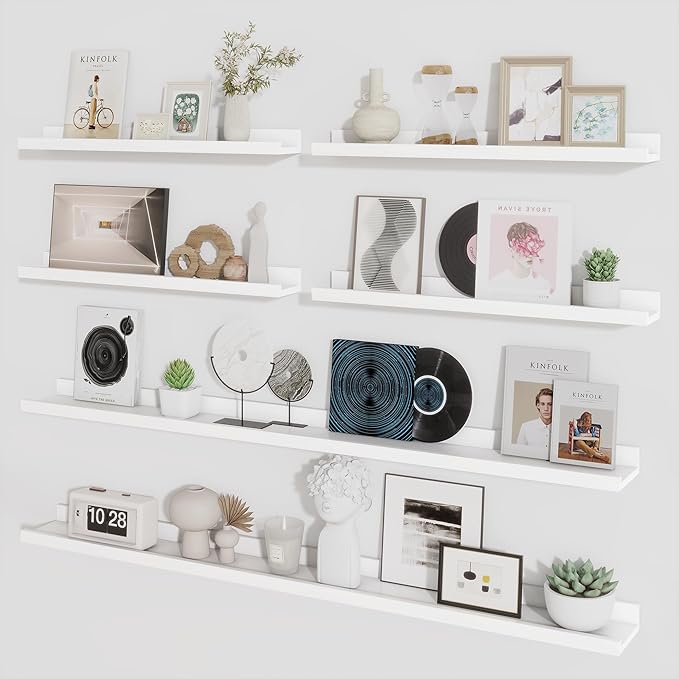 Axeman Picture Ledge Shelf, Floating Shelves for Wall Decor Storage Set of 6, 55 inch Floating Wall Mounted Shelves, Shelves with Lip for Living Room, Bedroom, Nursery, Bathroom, Kitchen, White