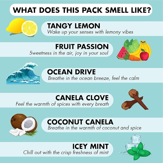 Incense Sticks Gift Pack – 6 Fragrances x 20 Sticks Each, Hand Rolled Insents with Incense Holder – Coconut Canela Fruit Passion ICY Mint Ocean Drive Canela Clove Tangy Lemon
