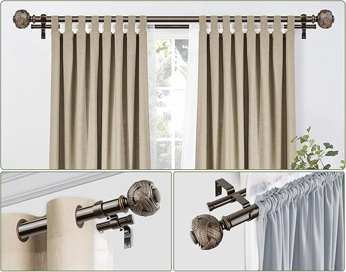 1 Inch Double Curtain Rods 66 to 120 Inches (5.5-10ft), USFOOK Bronze Heavy Duty Drapery Rods for Windows 69 to 111 Inches, Telescoping Dual Curtain Rod with Woven Leaf Finials