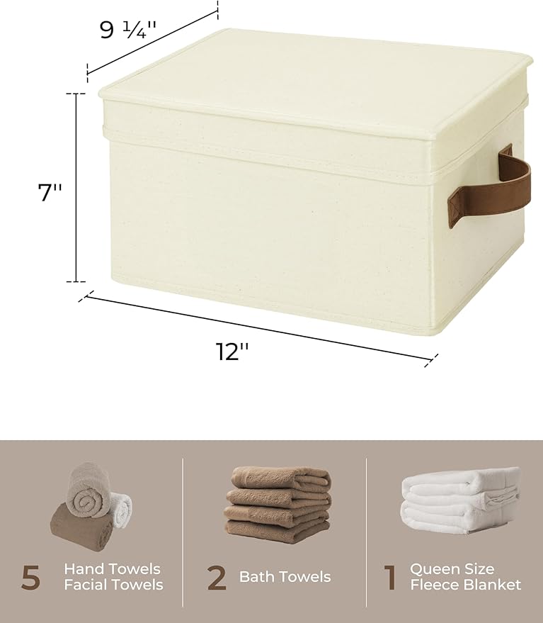 StorageWorks Storage Bins with Lids, Decorative Storage Boxes with Lid and PU Handles, Foldable Storage Baskets for Closet, Shelves, Stackable, Ivory, Medium, 3-Pack