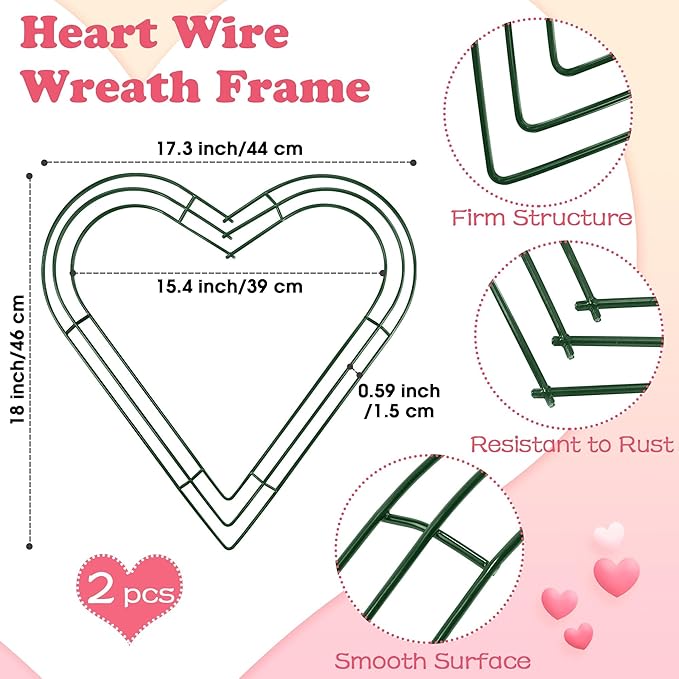 Aodaer 2 Pack 18 Inch Heart Wire Wreaths Frame Heart Metal Wreath Garland Green Wire Flower Wreath for Valentine's Day, Wedding Party, Home Ceremony Decoration