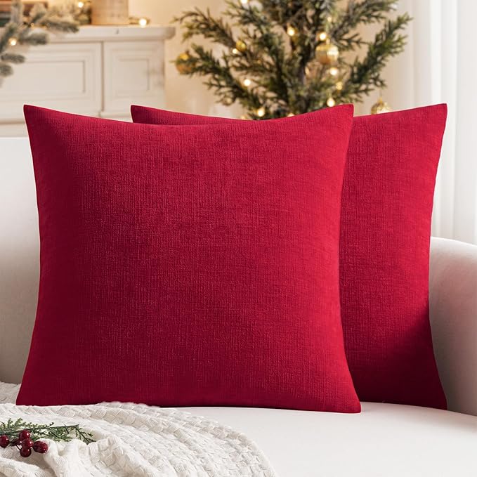 MIULEE Red Couch Pillow Covers 18x18 Inch, Set of 2 Soft Chenille Decorative Square Throw Pillow Covers Christmas Farmhouse for Sofa Living Room Bed