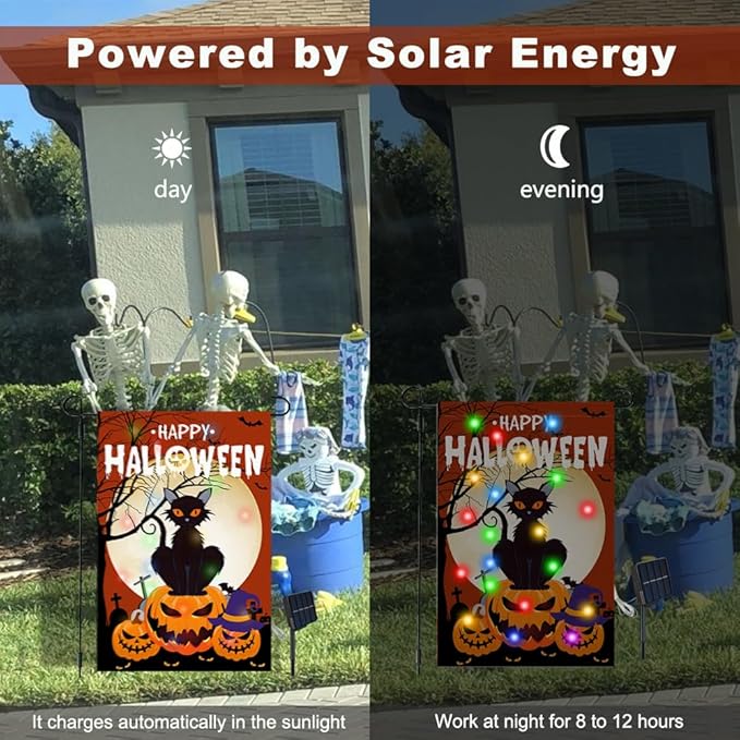 Happy Halloween Garden Flag with Lights, 12x18 in Solar Double Sided Pumpkin Cat Yard Flags, Halloween Outdoor Decorations for Patio, Lawn
