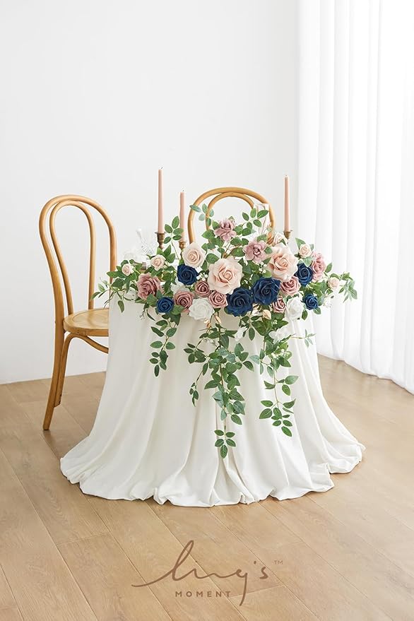 Ling's moment 2PCS Navy Blue Artificial Flower Garland Wedding Arch Flowers Floral Swags Table Centerpieces Dusty Rose Arrangements for Sweetheart Table Easel Wall Entryway Board Backdrop Decor