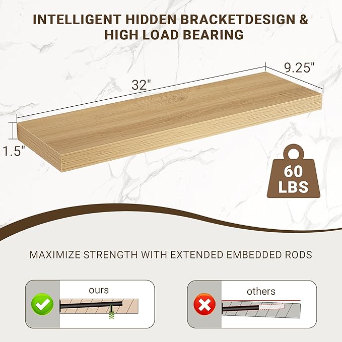 32 Inch Floating Shelves, 3D Textured Wood Grain, 32"x9.25"x1.5" Inch Deep Floating Shelves for Wall, Wooden Shelves for Bathroom, Bedroom, Living Room, Natural, 2 Pieces
