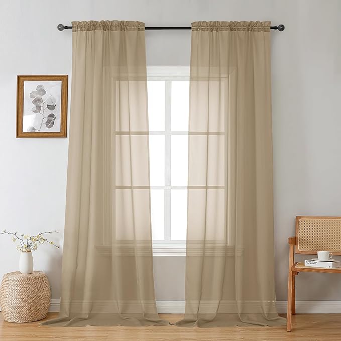 Gwine Taupe Sheer Curtains 96 Inches Long 2 Panels, Elegant Window Treatments Voile Curtains for Living Room, Light Filtering Rod Pocket Sheer Drapes, Each 42" Wx96