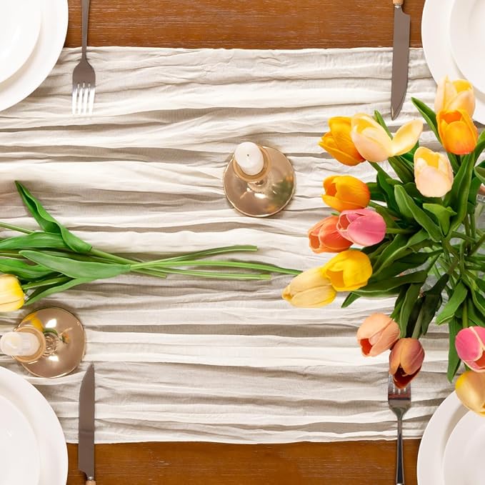Ivory White Cheesecloth Table Runner 3pcs Valentine's Day Cream Boho Gauze Spring Table Runner 22×120 inches 10FT Table Decor for Farmhouse Wedding Baby Shower Birthday Party Ceremony
