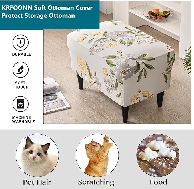 KRFOONN Ottoman Slipcovers Stretch Rectangle Footrest Stool Covers Printed Ottoman Cover for Foot Stool Furniture Protector with Non Slip Elastic Bottom(25, X-Large)