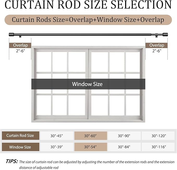 1” Diameter Black Curtain Rods for Windows, 2 Pack 30-60 Inch Heavy Duty Window Rods, Long Adjustable Curtain Rod, Fits Most Standard Windows, Suitable for Bedroom, Living Room, Farmhouse