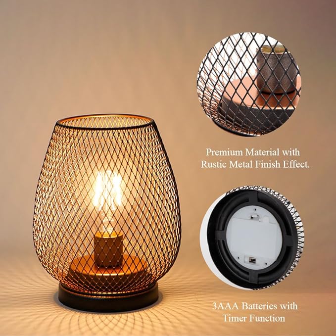 TRIROCKS Set of 2 Battery Operated Lamp LED Table Lantern, Metal Cage Cordless Lamps with LED Bulb，Vintage Decorative Outdoor Lantern for Weddings, Parties, Patio, Events for Indoors Shelf Decor