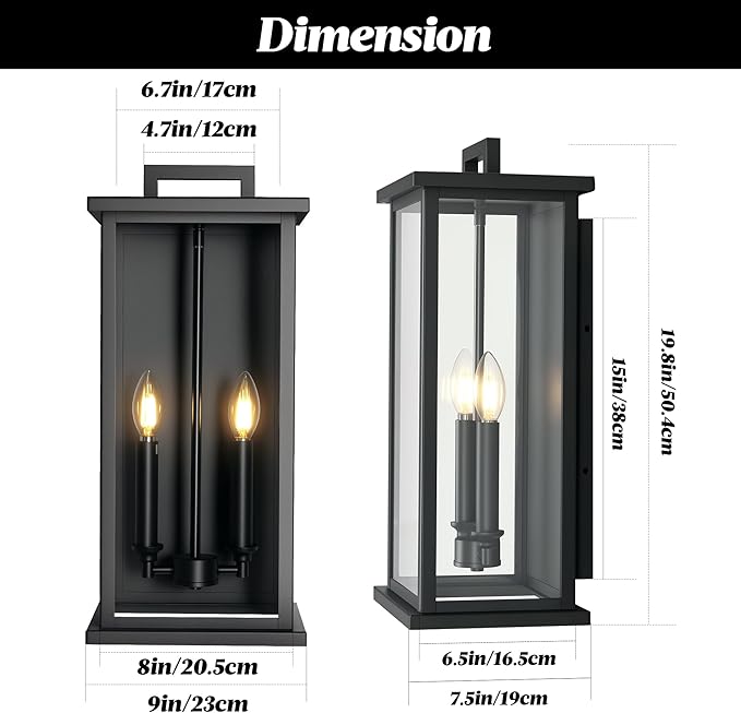 Extra Large Outdoor Wall Lights Modern Outdoor Garage Lighting Fixture,Exterior Porch Front Door Light,Waterproof Outside House Lights Wall Mount with 2 * E12 Sockets & Thick Glass Shades