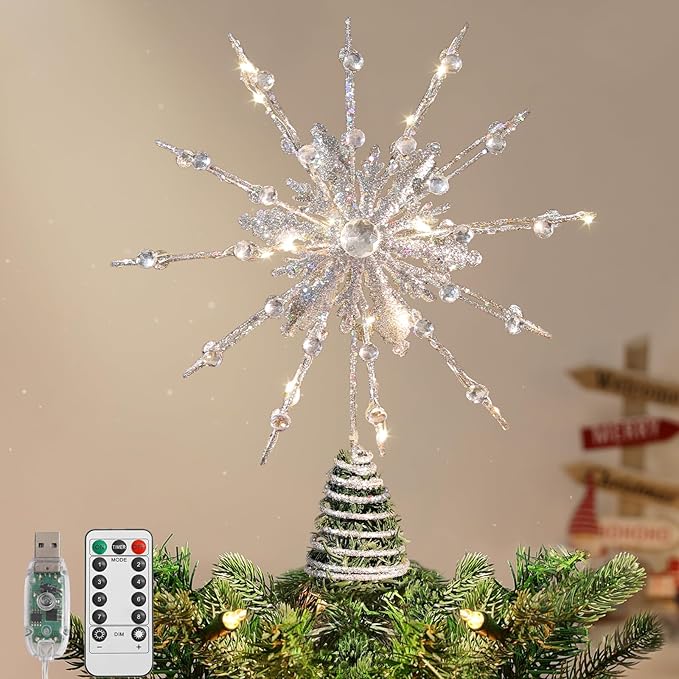 Lewondr Christmas Tree Topper, 12.2'' Metal Xmas Star Tree Topper with 20 LED Bulbs, USB Powered Glittered 12-Pointed Treetop for Christmas Ornaments, Remote Control, 6H Timer, 8 Light Modes, Silver