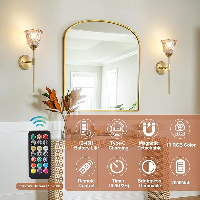 2 Pack Battery Operated Wall Sconce with Amber Glass Lampshade, Mid Century Bathroom Vanity, Wireless Rechargeable RGB Wall Light with Remote Control, for Bedroom Mirror Living Room