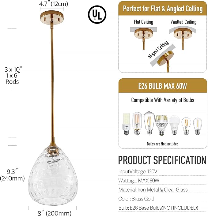 Transparent Clear Hammered Glass Pendant Light with Brass Gold Accent, Adjustable Hanging Lamp for Kitchen, Dining Room, and Living Room