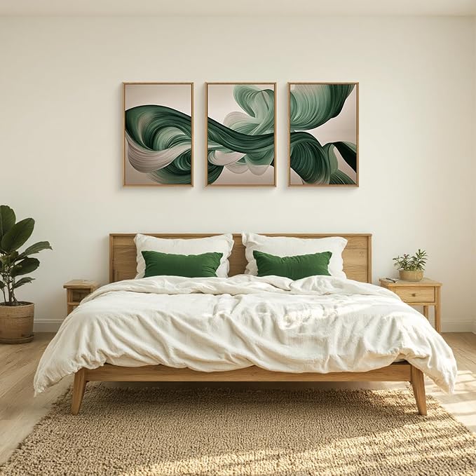KAIRNE Green Abstract Wall Art Set of 3, Minimalist Green Lines Wall Decor, Modern Flowing Texture Painting for Living Room, Bedroom, Office, Framed Easy to Hang 16x24 Inches