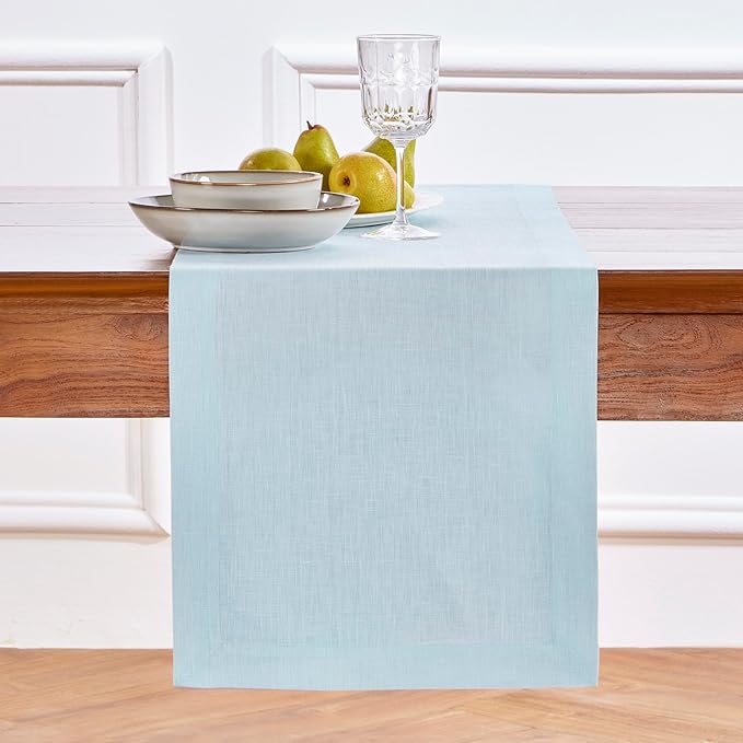 Solino Home Linen Ice Water Table Runner 60 Inches - 100% Pure Linen Farmhouse Short Table Runner 14 x 60 Inch Ideal for Dresser and Coffee Tables - Fete - Spring, Easter