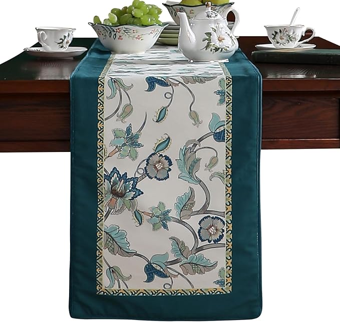 patdrea Designer Elegant French Floral Velvet Table Runner, Teal with Blossoms Pattern Table Mat, Decoration for Kitchen Dining Coffee Table Shelf Cabinet Banquet Thanksgiving,12"*71"