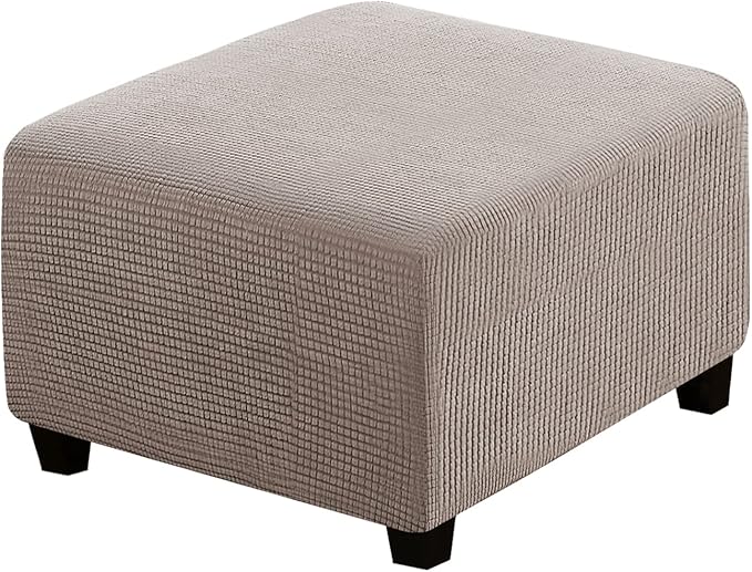 H.VERSAILTEX Square Ottoman Covers Ottoman Slipcovers Folding Storage Stool Furniture Protector Form Fit with Elastic Bottom, Stretch High Spandex Small Checks Jacquard Fabric(Medium,Taupe)