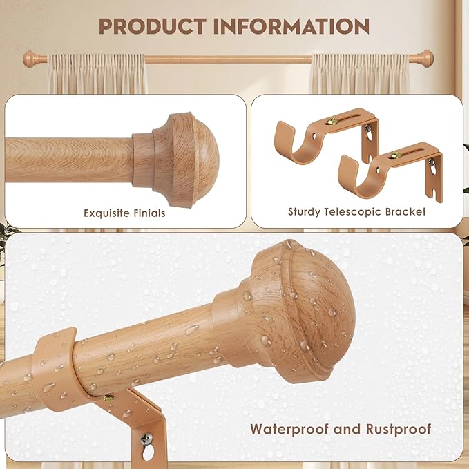 Wood Curtain Rods for Windows 66 to 120, 1 inch Telescopic Adjustable Heavy Duty Curtain Rod with Adjustable Brackets, Easy Install & Modern Finials, Fits Various Room Styles, Wood color