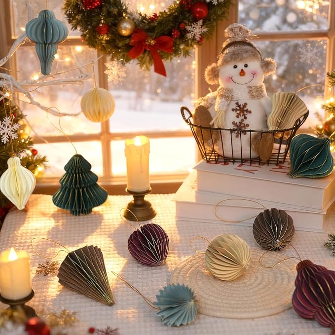 12Pcs Paper Honeycomb Christmas Tree Decorations, 3D Mini Glitter Edge Paper Honeycomb Lantern Ornaments for Vintage Neutral Christmas Party Home Decor Mixed