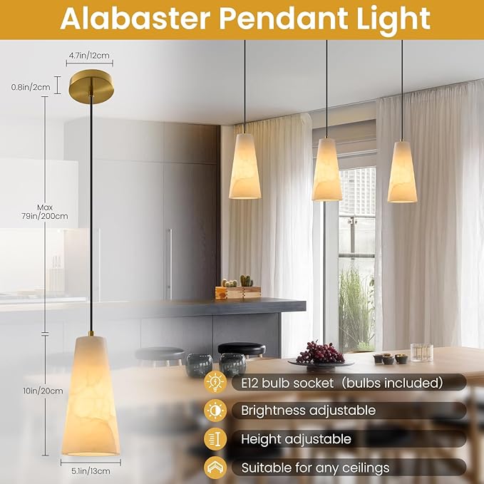 Alabaster Kitchen Island Pendant Light: White Marble Hanging Lights Set of 2 over Dining Table - Natural Stone Textured Pendants Lighting - Vintage Brass Cylinder Chandelier above Sink Bulb included
