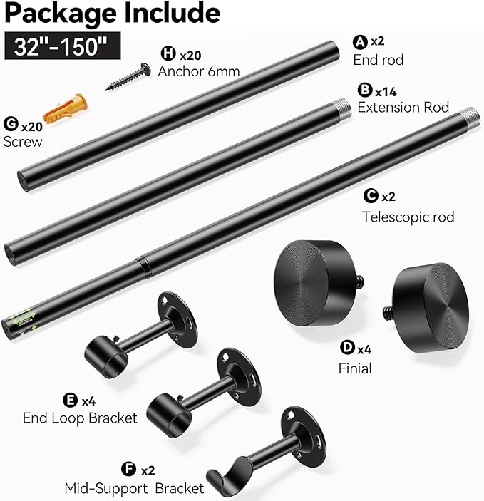 YaFex 2 Pack Heavy Duty Curtain Rods 32-150 Inch, 1 Inch Adjustable Black Curtain Rod for Windows, Extra Long Window Treatment Rods with Aluminium Finials, Easy Installation