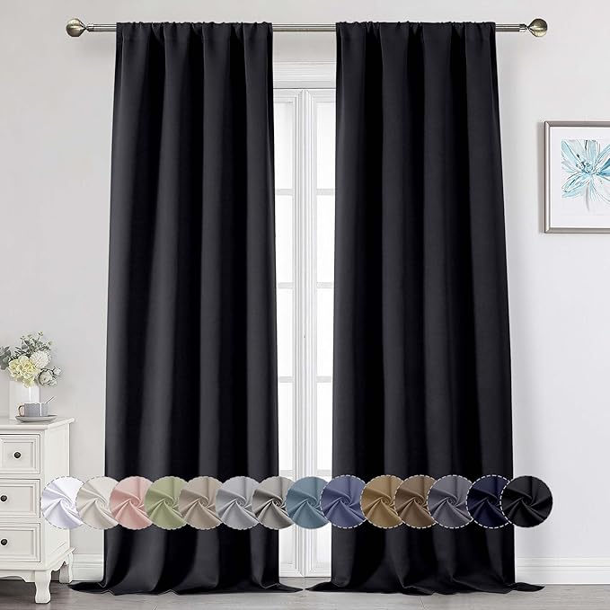 Black Blackout Curtains for Bedroom Living Room 96 Inches Long 2 Panels, Soft Solid Room Darkening Thermal Insulated Window Treatments, Modern Rod Pocket Curtain, Black, Each 40" Wx96 L