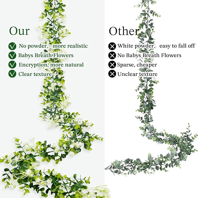 6FT Eucalyptus Garland with Flowers, 4 Pack Greenery Hanging Spring Eucalyptus Garland Suitable for Table Wedding Backdrop Arch Wall Party Thanksgiving UV Protected Indoor Outdoor Decorations