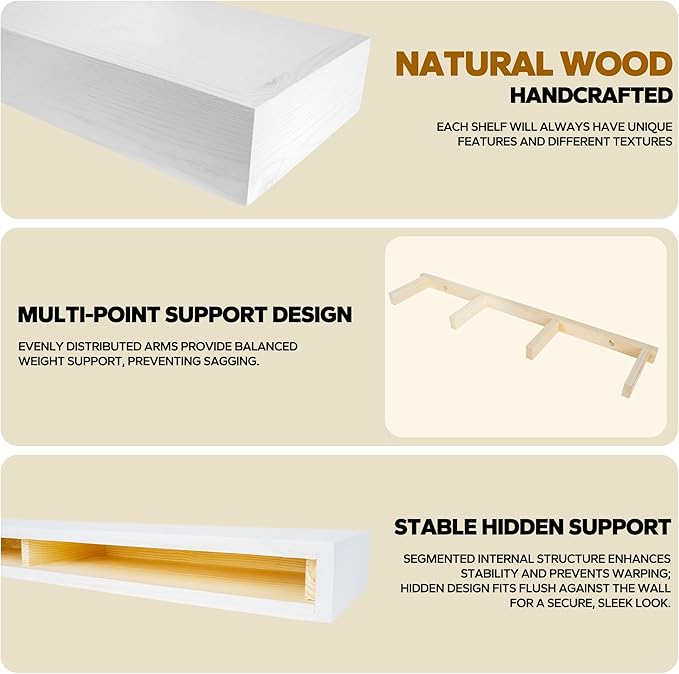 Floating Shelves 3 inch Thick for Wall Set of 2,Solid Pine Wood Wall Mount Shelf for Kitchen Living Room Bedroom Bathroom,8" D x 30" L x 3" H-White