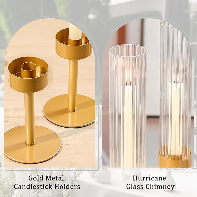 Volens Hurricane Glass Candle Holders Gold: Set of 6 Taper Candle Holders with Ribbed Cylinder 11'' Tall Windproof Chimney Cover for Outdoor/Indoor Table Centerpiece Wedding Party Home Decor