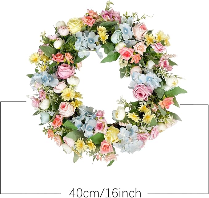 Artificial Wreath for Front Door, 16 Inch Spring Summer Wreath with Roses and Hydrangeas, Outdoor/Indoor All Season Home Decor, Farmhouse Wedding Wall Decor Gift