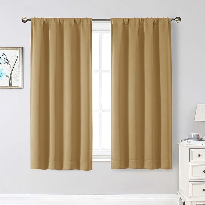Gold Blackout Curtains for Bedroom Living Room 54 Inch Length 2 Panels Set, Soft Solid Thermal Insulated Room Darkening Curtains Drapes, Modern Rod Pocket Design, Gold, 2PCS Each 40" Wx54 L