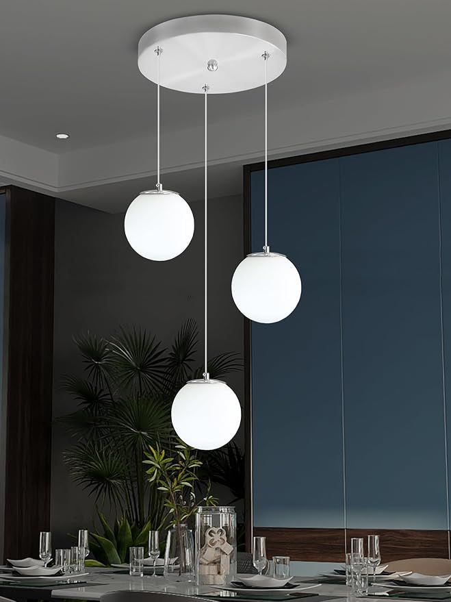 3-Light Globe Pendant Light for Kitchen Island Silver Pendant Light Fixtures with White Glass Globe Hanging Lights for Bedroom,Hallway,Bar