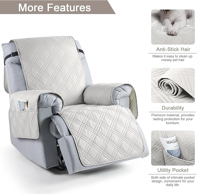 TAOCOCO 100% Waterproof Recliner Chair Cover, Non Slip Recliner Covers for Recliner Chair with Pocket, Washable Reclining Chair Cover Furniture Protector for Kids, Pets(23.6'', Off White)