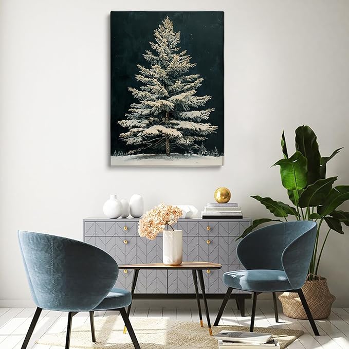 Snowy Christmas Tree Wall Art,Vintage Winter White Fir Tree Painting,Winter Christmas Wall Art,Snowy Pine Tree Decor,Dark Academia Botanical Print,Christmas Vintage Vertical Print24x36inch Unframed