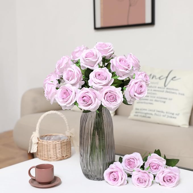 Nubry Artificial Silk Rose Flower Bouquet Lifelike Fake Rose for Wedding Home Party Decoration Event Gift 10pcs (Pale Purple)
