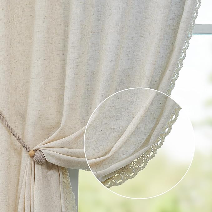 jinchan Linen Curtains for Living Room Bedroom Light Filtering Semi Sheer Curtains Boho Farmhouse French Country Cottage Core Decor Window Drapes Back Tab 84 Inch Length Laced Beige