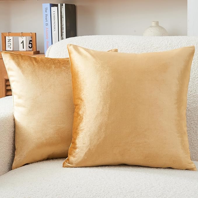 Throw Pillow Covers Gold Set of 2 18x18 Inch Pillow Covers, Soft Velvet Fall Decorative Cases for Couch Sofa Bed, Home Boho Decor, Modern Farmhouse Cushion Covers