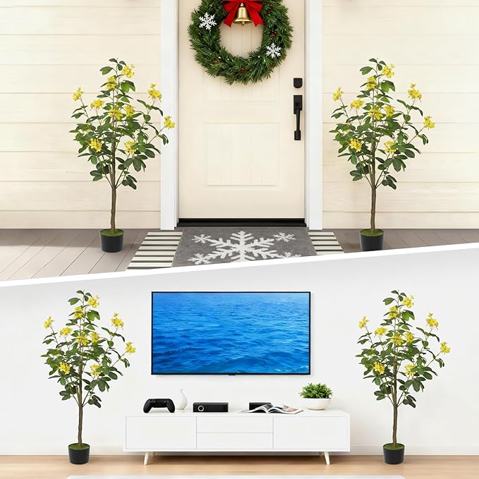 2-Pack 4FT Artificial Jasmine Tree,Realistic Potted Fake Plants with Flowers&Planter,Indoor/Outdoor Faux Flowering Trees for Home,Office,Porch,Wedding,and Housewarming Gift Decor