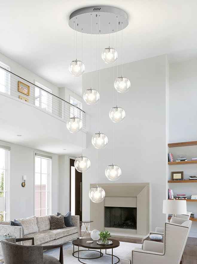 Silver LED Staircase Chandelier 10-Light Clear Glass Ball Chandelier Dimmable Pendant Lights Large Chandeliers for High Ceilings, Entryway Modern Chandelier for Villas and Stairwell