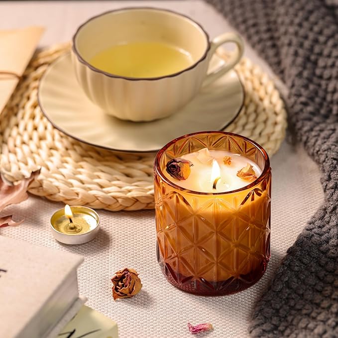 Lanttu 10pcs Empty Amber Diamond Glass Candle Jars, 7oz Glass Candle Containers with Wooden Lids and Labels, Candle Vessels for DIY, Gifts, Candle Making Supplies, Wedding Decorations