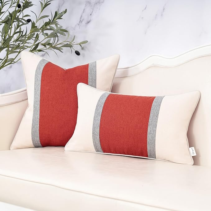 Yangest Patchwork Pillow Cover 24x24 Inch Luxury Cotton and Linen Cushion Cover Square Pillowcover for Couch Bedroom Living Room, Orange