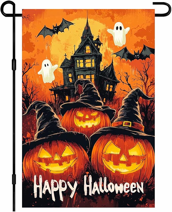 Halloween Garden Flag 12x18 Inch Pumpkin Witch Hat Ghost Bat Haunted House Double Sided Fall Outdoor Halloween Yard Flag Spooky Holiday Banner Porch Lawn Decoration Seasonal Party Decor Sign