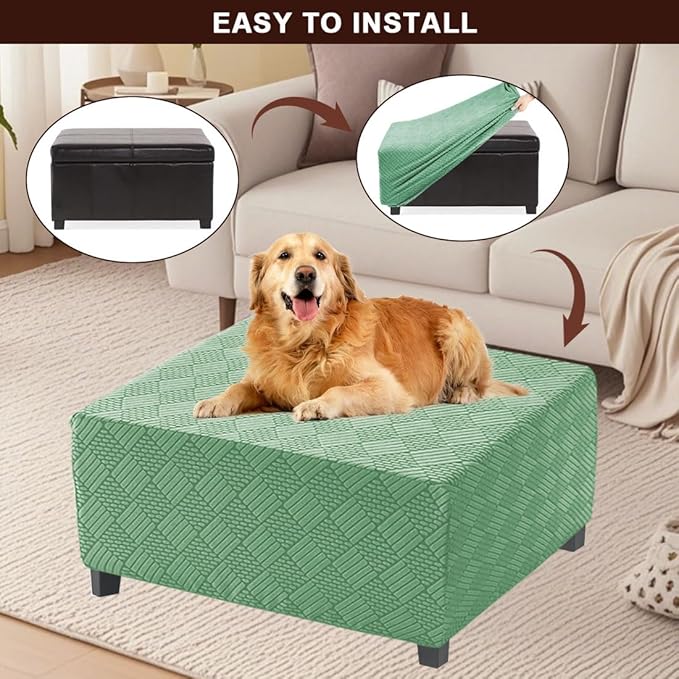 Square Ottoman Cover Large Stretch Storage Ottoman Bench Covers Slipcovers Cube Jacquard Covers for Square Ottomans Coffee Table Footrest Stool Cover with Elastic Bottom S Green