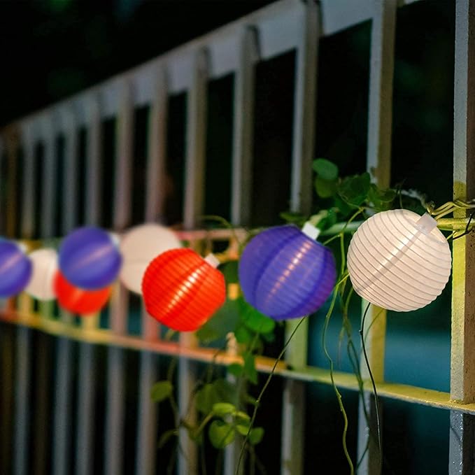 8.5Ft Red White Blue Lantern String Lights, 4th of July Decor Lights with 10 Red White Blue Lanterns Light Connectable Patriotic Outdoor Lanterns Light for Independence Day President Memorial Day