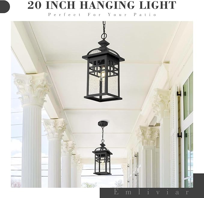 Emliviar 20 Inch Outdoor Pendant Light for Porch, Outdoor Chandelier for Porch, Die-Cast Aluminum with Seeded Glass, Black Finish, DE281H-M BK